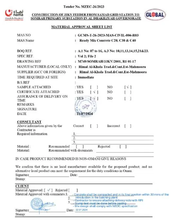Nama Electricity Distribution Material Approval Sheet for Alduwiki Cement